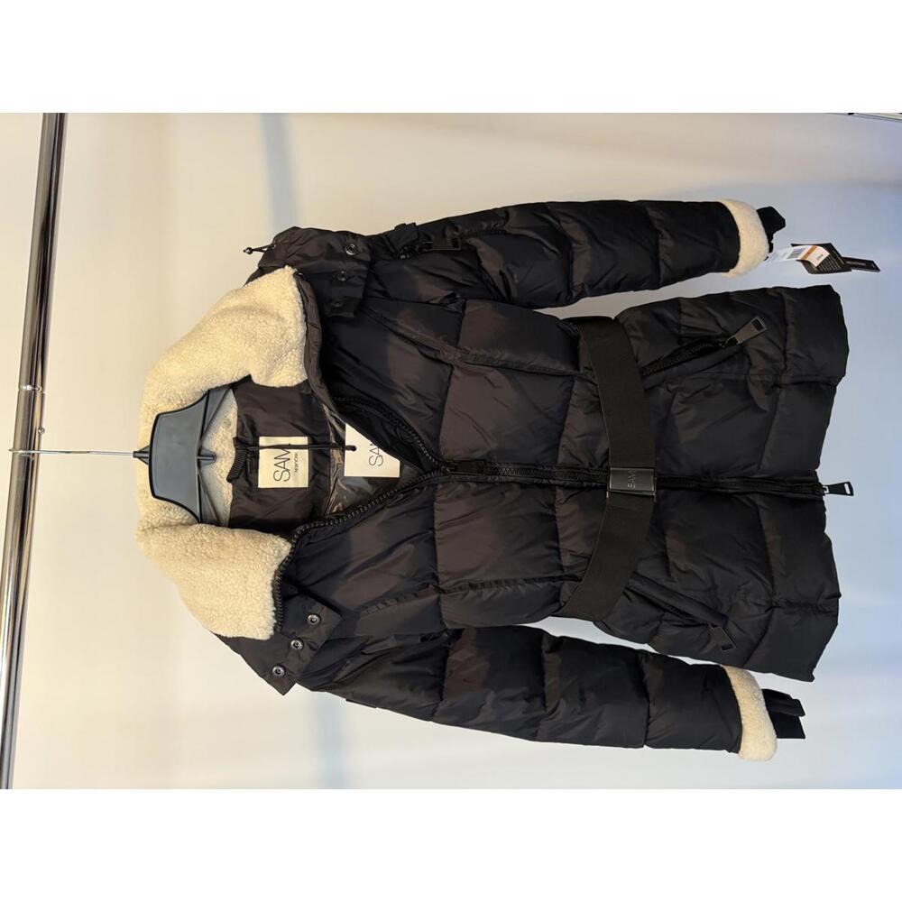 SAM Women's Black Puffer Coat with Faux Shearling Collar and Belt